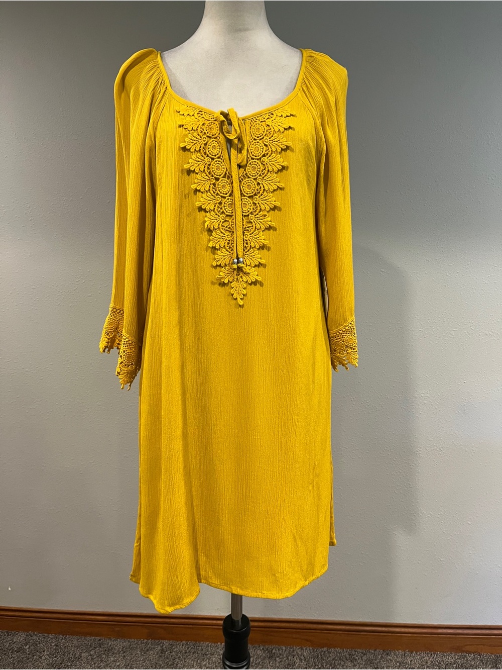 Clearance! Mustard Yellow Crochet-Trim Peasant Dress size medium